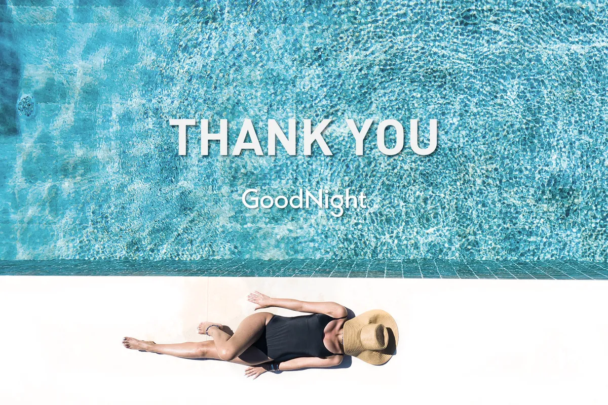 A tranquil pool scene showing a person lounging poolside, with the water reflecting the colors of the sunset and a subtle text overlay. The atmosphere is serene and inviting, evoking the luxury and leisure found at the property.